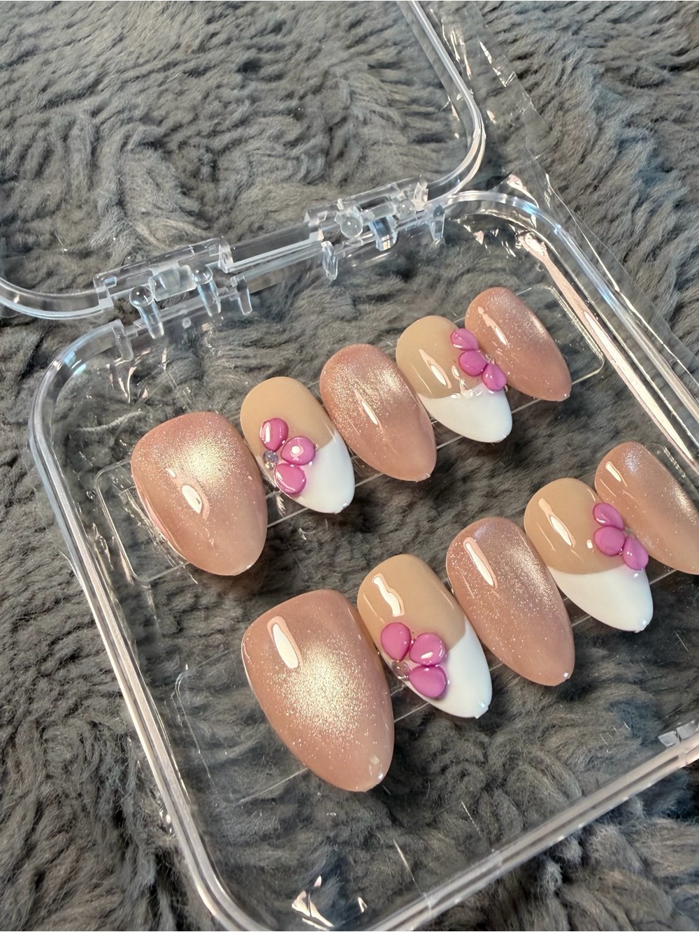 LARGE Pink Floral Accent Press-On Nail Set Cats eye